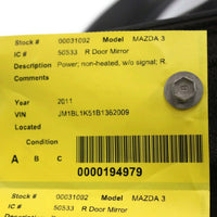 2010-2013 Mazda3 Passenger Right Side Power Door Mirror Black 31092