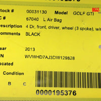 VW Golf Driver Side Steering Wheel Air Bag Black 31130