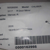 2007-2012 DODGE CALIBER PASSENGER RIGHT SIDE MANUAL DOOR MIRROR BLACK